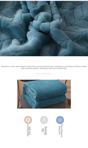 Detail of greyish-blue flannel blanket with embossed wheat pattern and soft texture