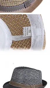 Detail view of the 100% paper straw weave and internal sweatband of a summer fedora hat