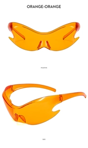 Detail of orange Y2K futuristic wrap-around sunglasses showing front and side views