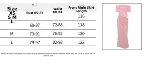 Size chart for off-shoulder hollow dress with bust, waist and length measurements in cm