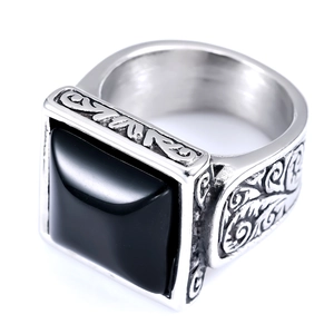 Vintage stainless steel ring for men featuring a square black stone and carved floral patterns