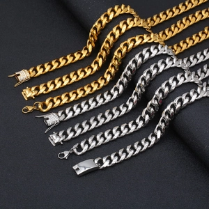 Hip hop titanium steel Cuban link necklaces in gold and silver with rhinestone box clasps