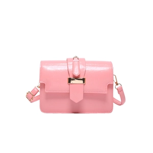 Glossy pink patent leather square crossbody bag with elegant gold metal buckle and strap