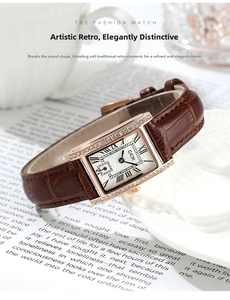 Detail of rose gold square watch with crystal-set bezel and brown leather strap