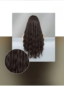Detail view of natural fluffy matte synthetic long wavy dark brown hair texture