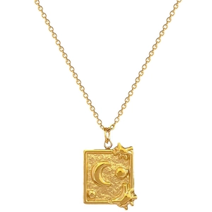 Minimalist gold titanium steel necklace with square moon and star celestial pendant