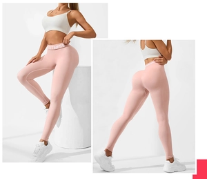 Detail of pink high-waisted seamless yoga pants with Fitness text on the waistband