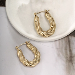 French vintage style gold plated stainless steel twisted oval hoop earrings for women
