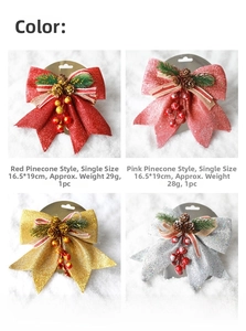 Detail view of four Christmas bows with glitter, pinecones and berries on a snowy background