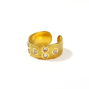 Adjustable wide gold-plated steel ring with vertical textures and oval zircons