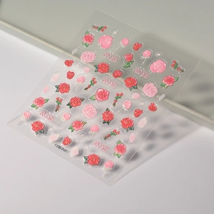 3D embossed rose nail art stickers with red and pink floral patterns and green leaves