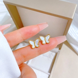 Butterfly Stud Earrings Stainless Steel Mother Of Artificial Pearl Inlay Gold Plated Minimalist Elegant Jewelry Women