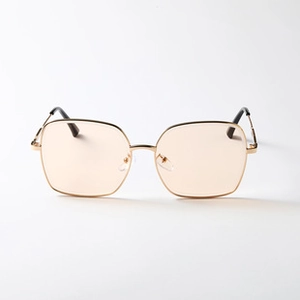 Detailed close-up of retro rectangular metal sunglasses with rose gold frames and peach lenses