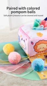 Sensory baby tissue box toy with soft animal patterns and colorful translucent scarves