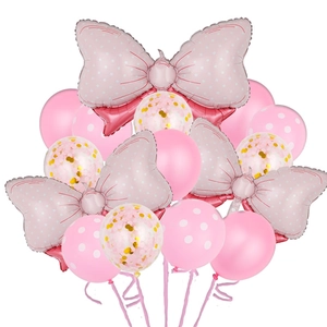 Pink bow-shaped foil balloons with polka dots and confetti latex balloons for parties