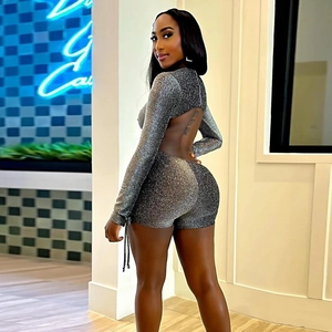 Sparkly silver backless long sleeve jumpsuit for women with hollow out design