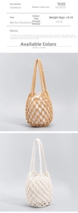 Close-up of handmade woven cotton bucket bag with hollow mesh and drawstring lining