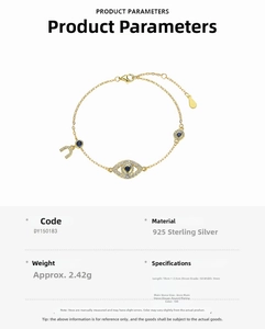 Detail view of S925 silver 18K gold evil eye bracelet with technical specifications