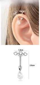 Detail showing 2cm titanium steel heart cartilage stud with white zircon and drop pendant