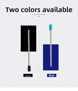 Close-up of 70mm metal ballpoint refills in black and blue with protective caps