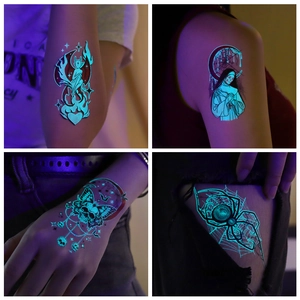 Blue luminous Halloween temporary tattoos set with spider and skull designs for cosplay