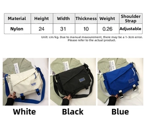 Detailed size chart showing 31x24x10cm nylon messenger bags in black white and blue