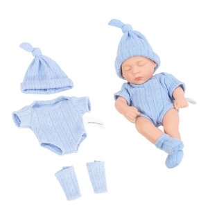 Detailed set of 20cm reborn baby doll with blue knitted outfits, hats and tiny socks