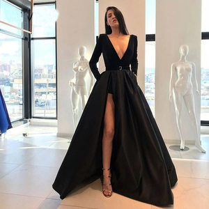 Women Evening Dress Velvet V-Neck Long Sleeve High Slit Satin Maxi Gown With Belt For Banquet Formal Party Elegant