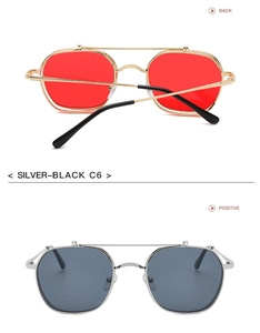 Front and back detail of retro punk metal flip sunglasses in silver and gold frames