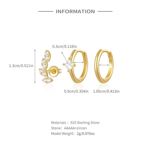 Detailed S925 sterling silver earring set specifications with leaf and zircon studs