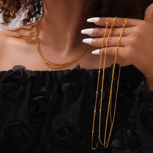 Minimalist multi-layer gold titanium steel chain necklace shown on a model neck