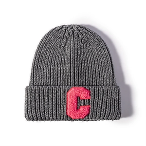 Winter gray knit beanie with red 3D plush letter C patch in American retro street style