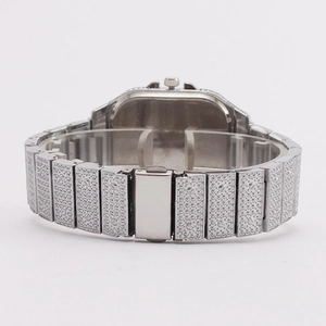 Luxury silver-tone square quartz watch for men featuring full rhinestone-encrusted metal band