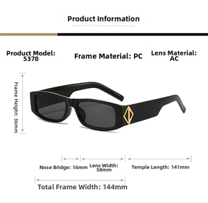 Detailed size chart for rectangle sunglasses showing frame dimensions and PC lens material