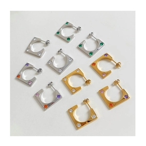 Minimalist square C-shaped earrings with colorful zirconia stones in gold and silver plating