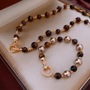 Vintage Tiger Eye Stone Faux Artificial Pearl Beaded Necklace And Bracelet Gold Plated Copper Round Buckle Zircon Luxury Jewelry For Women