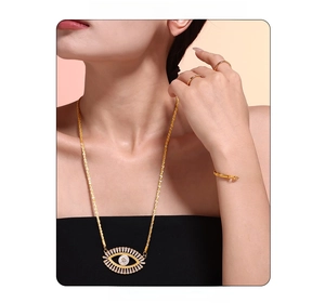 Detailed view of Evil Eye jewelry set with gold-plated metal and micro-pave zircons