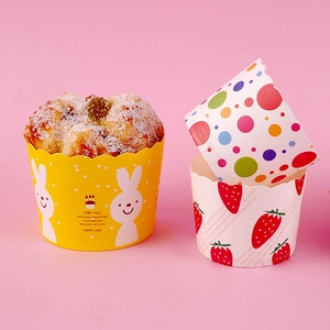 Colorful heat-resistant muffin paper cups featuring rabbit, dots, and strawberry patterns