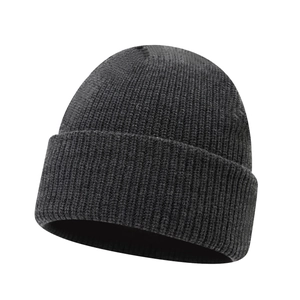 Classic dark grey knit beanie with vertical ribbed texture and wide cuffed brim for winter