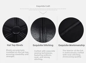 Detail view of the stitching and metal rivet on black leather winter hat for men