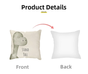 Front and back detail of linen pillowcase with green dinosaur print and Stand Tall text