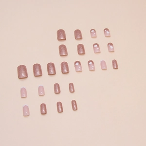 Pink glitter heart press-on nails set with French white tips and 24 pieces in short square shape