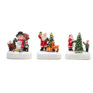 Lot de 3 maisons de Noël lumineuses en résine avec Père Noël, bonhomme de neige et renne