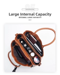 Top view of brown woven handbag interior with multiple compartments and large capacity