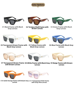 Detailed grid display of retro square cat-eye sunglasses in eleven vibrant fashion colors