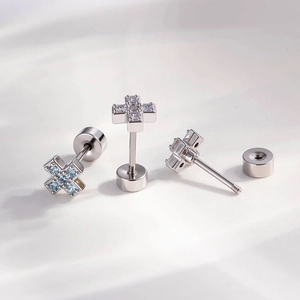 Exquisite silver cross screw back earrings set with clear and blue cubic zirconia stones