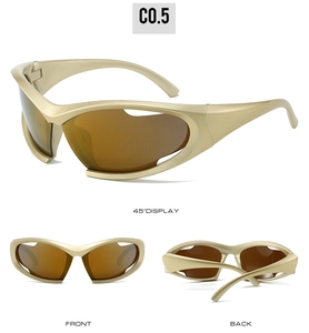 Three-way view of matte gold Y2K sports sunglasses with cutout brown lenses