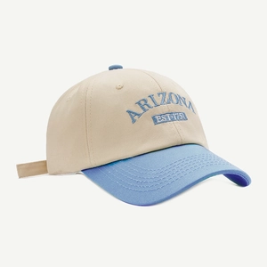 Detail of Arizona embroidery on khaki and light blue cotton canvas baseball cap