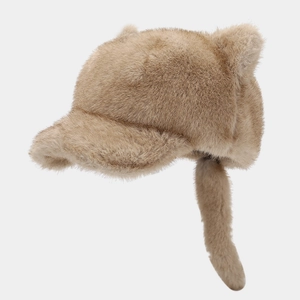 Detailed plush texture of light brown cat ear hat with soft fluffy tail attachment