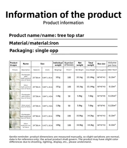 Detailed size and weight specification chart for champagne gold iron star tree toppers